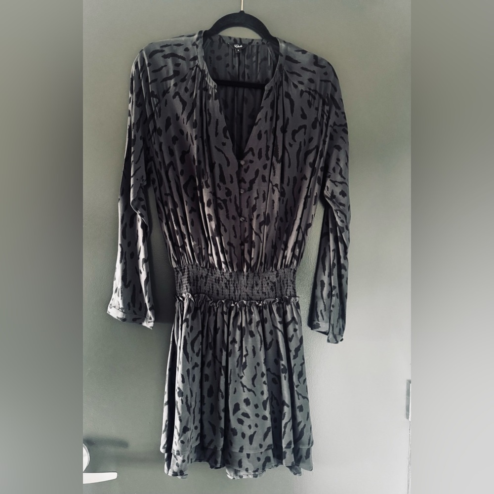 Rails- Black and Gray Animal Print Smocked Waist Long Sleeve Dress